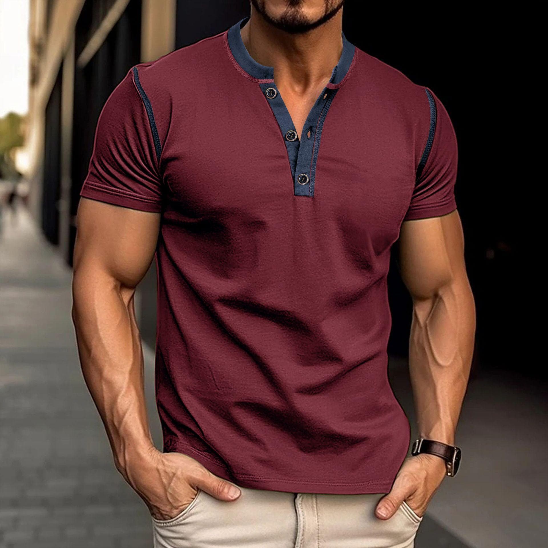Men's Slim Fit Short Sleeve Vintage Henley Shirts Casual Basic Tops Summer Button Sports T-Shirts Athletic Workout Moisture Wicking Tee Shirt for Male XXL burgundy