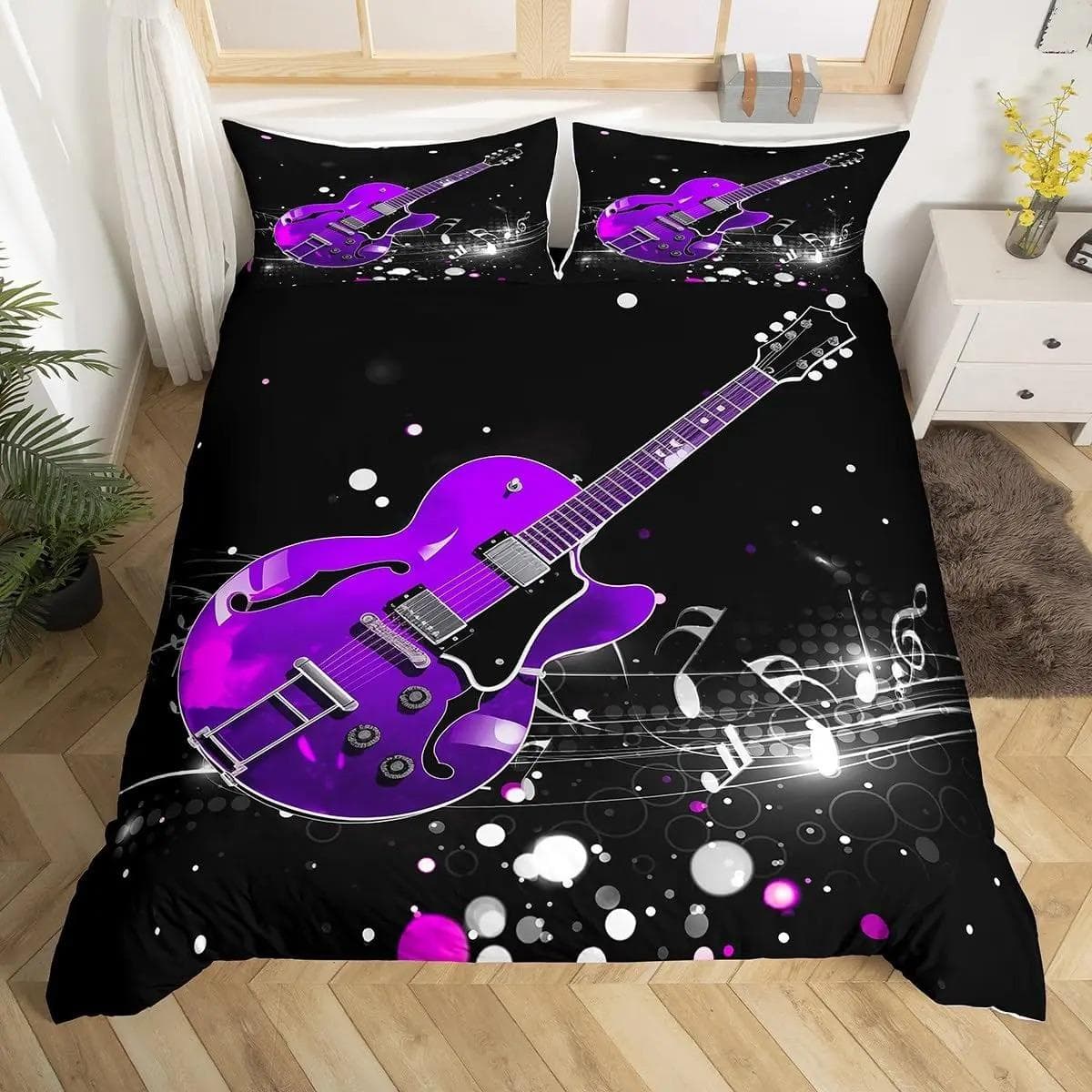 Music Guitar Duvet Cover King Queen Black White and Grey Graffiti Bedding Set Musical Notes Comforter Cover Musical Quilt Cover 70x133cm 2pcs