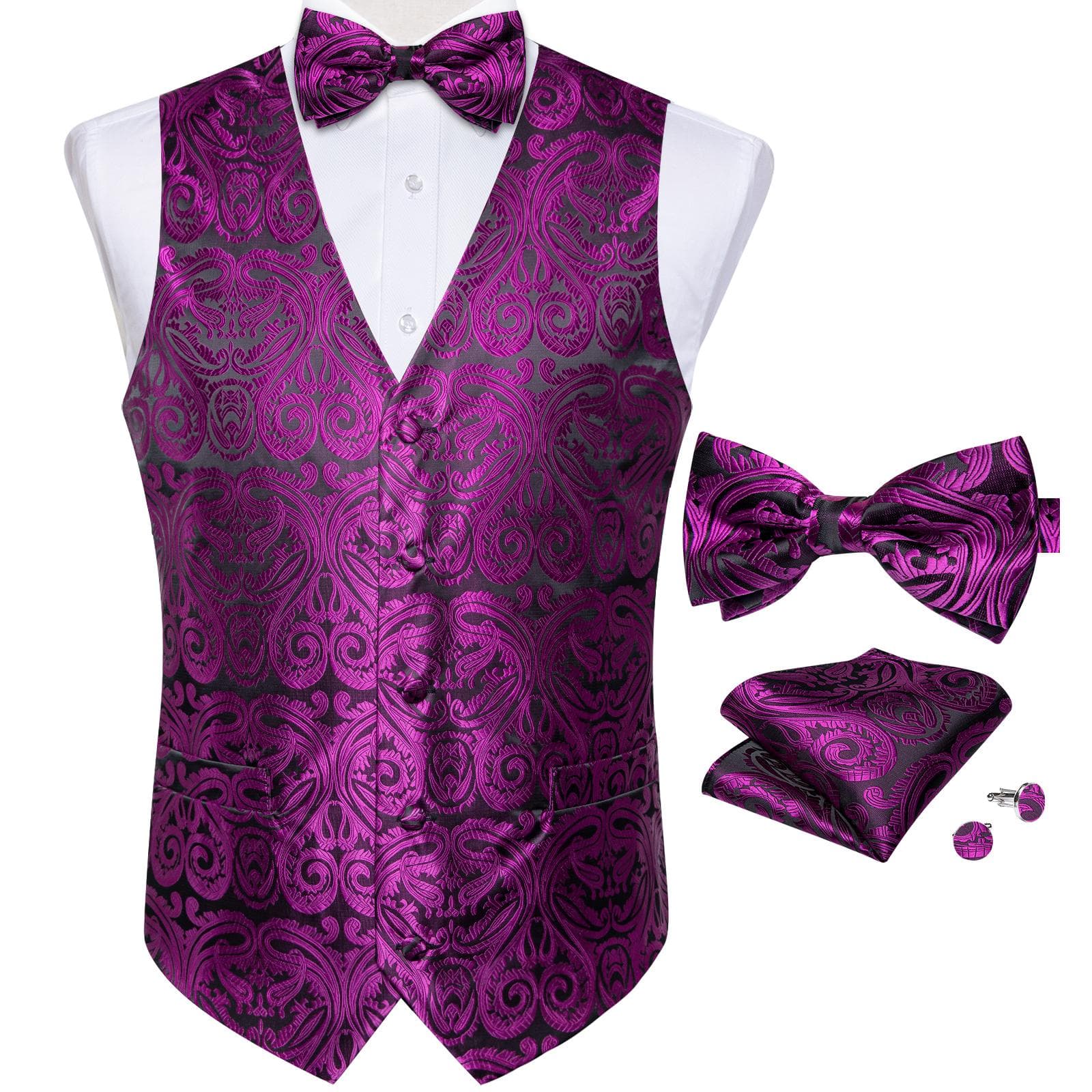 Dibangu Mens Yellow Paisley Vest Suit Waistcoat Hanky Cufflinks Tie Set Wedding M
