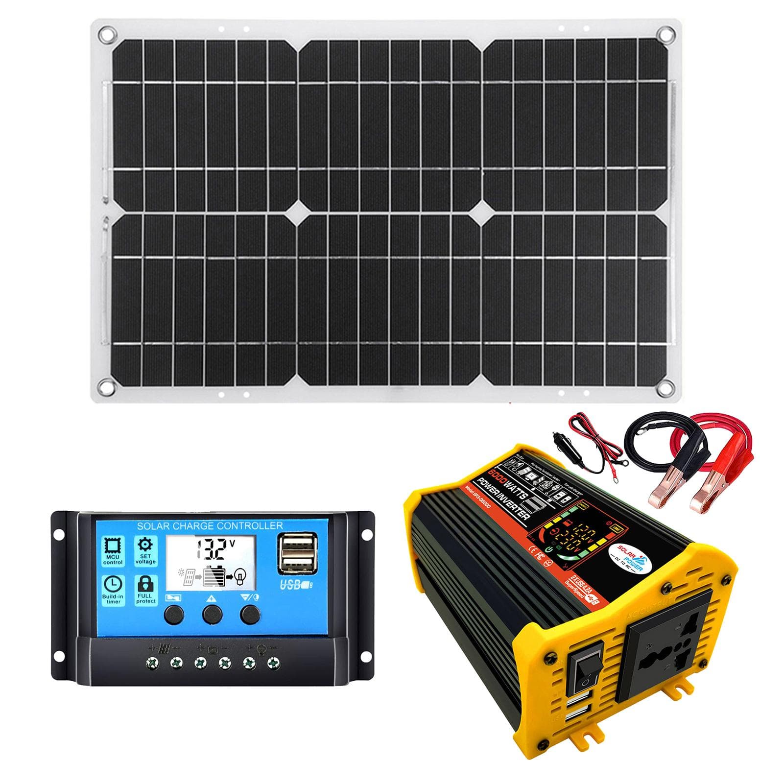 Solar Power Generation System Dual USB 25W Solar Panel+6000W Power Inverter DC 12V to AC 110V220V black