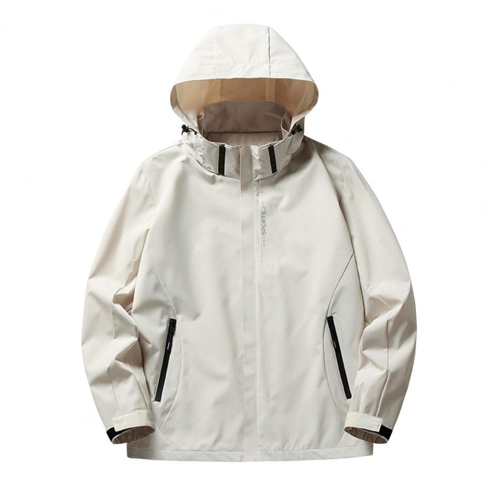 Men Trench Jacket Stand Collar Hooded Long Sleeve Outdoor Jacket with Adjustable Tie Zipper Placket Pocket Waterproof Windproof M white