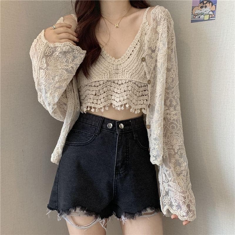 Spring Summer Women's Suit Suspender Vest + V-neck Crochet Openwork Lace Long Sleeve Cardigan Sun Protection Clothing Two-piece Suit L apricot