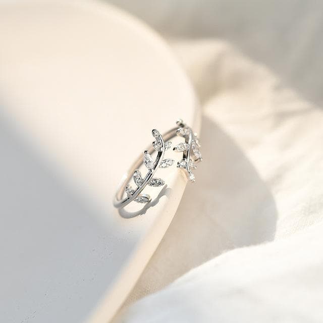 ANENJERY  Zircon Leaves Twigs Adjustable Ring For Women Simple Fresh Ins Accessories All-Match Resizable