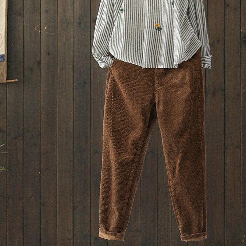 Johnature Corduroy Pants For Women Elastic Waist Solid Color Trouser Spring Women Cloths Pockets Casual Pants XXL coffee