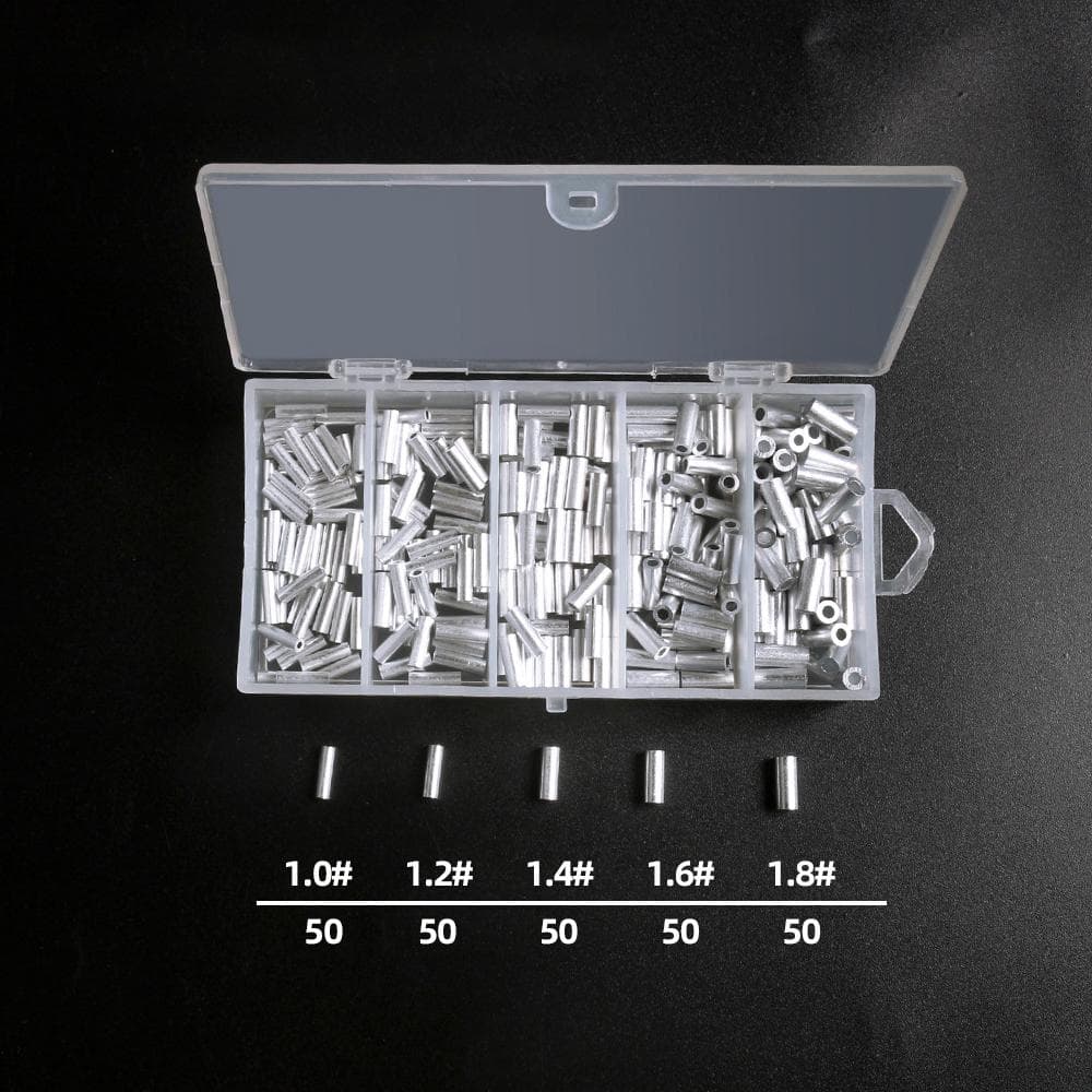 Aluminum Crimp Sleeves Connector Kit 5 Sizes Single Double Barrel Crimp Sleeves for Fishing 250pcs