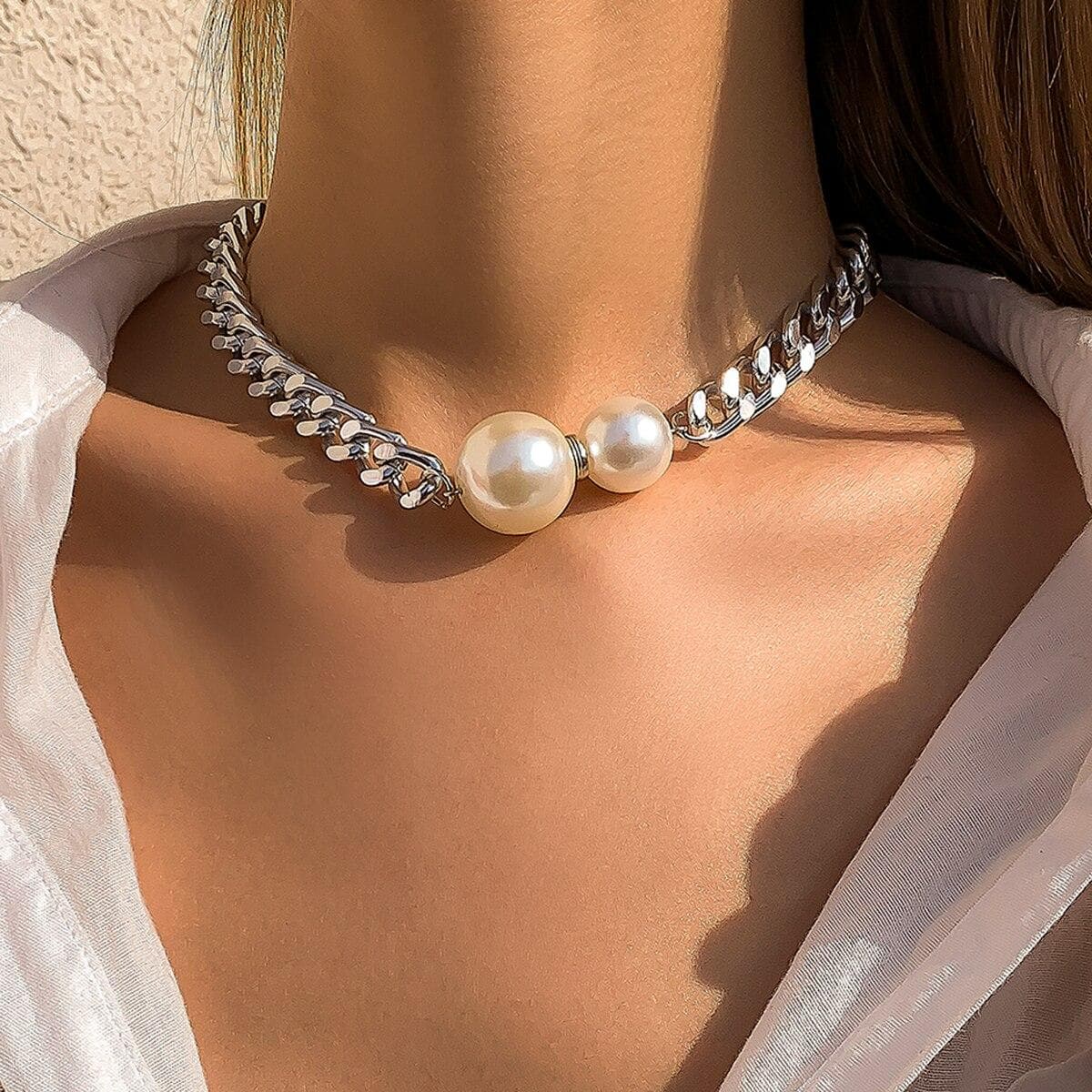 Vintage Punk Cuban Chains Necklaces Women Gothic Imitation-Pearl Pendant Necklace Girl Chokers Fashion Accessories Jewellery silver