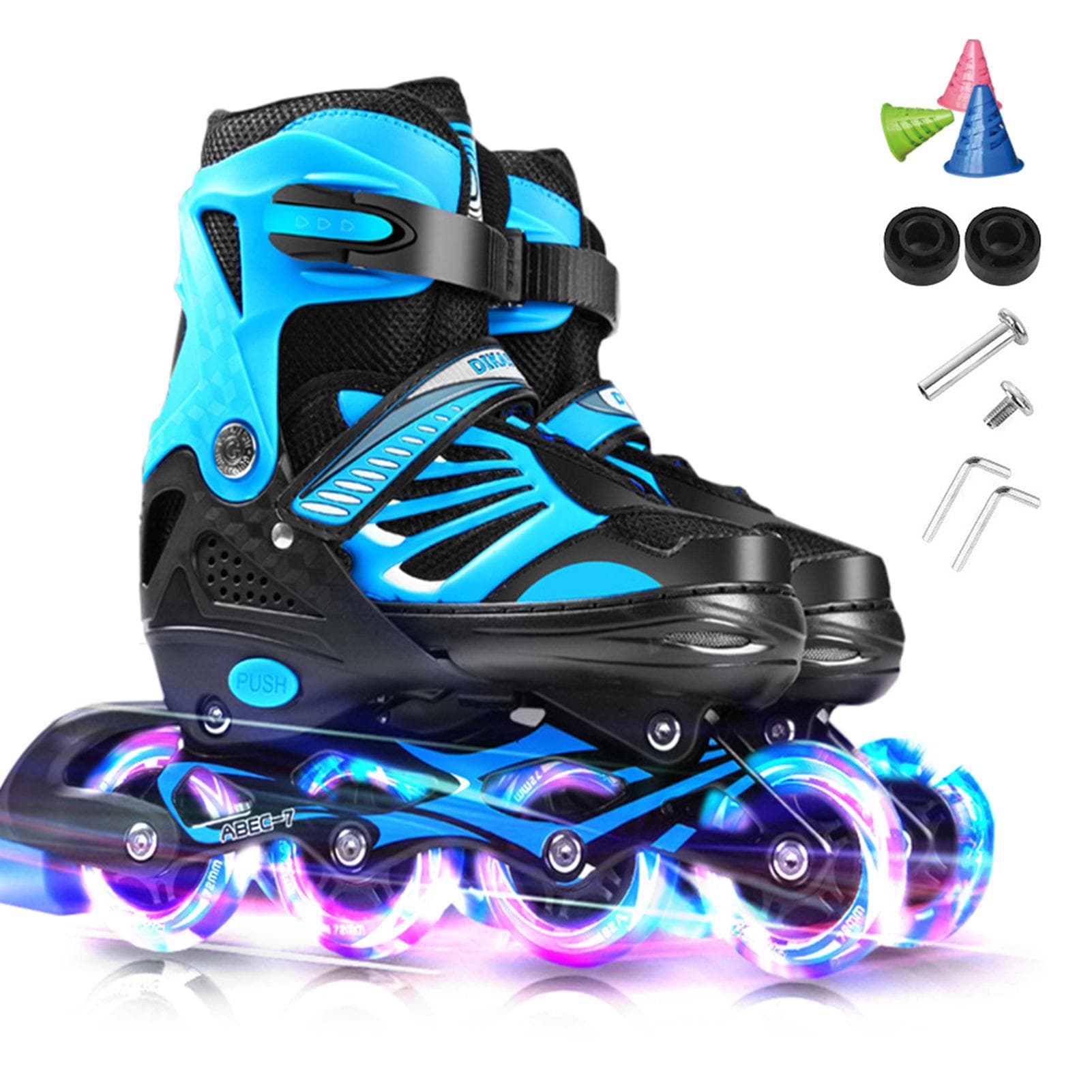Adjustable Illuminating Inline Skates with Light Up Wheels for Kids and Youth Girls Boys Inline M blue