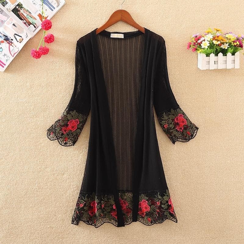 Versatile Hem Embroidered Over Shawl Women's Mid-summer Long Beach Sunscreen Cardigan Thin Coat one size black