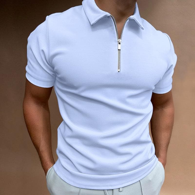 Men's Summer Short Sleeve T Shirts Solid Zipper Lapel Collar T Shirt Fashion Men Tees White Black Blue Plus Size Tops XXXL light blue
