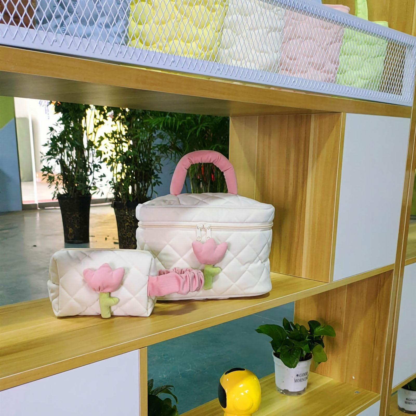Cosmetic Bag Corduroy Tulip Large Capacity Portable Lovely Toiletry Storage Bag for Girls Taro