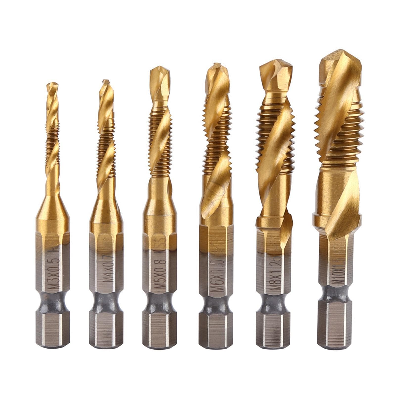 6pcs Metric Thread M3M10 Titanium Coated HSS Drill and Tap Bits 14 Hex Shank