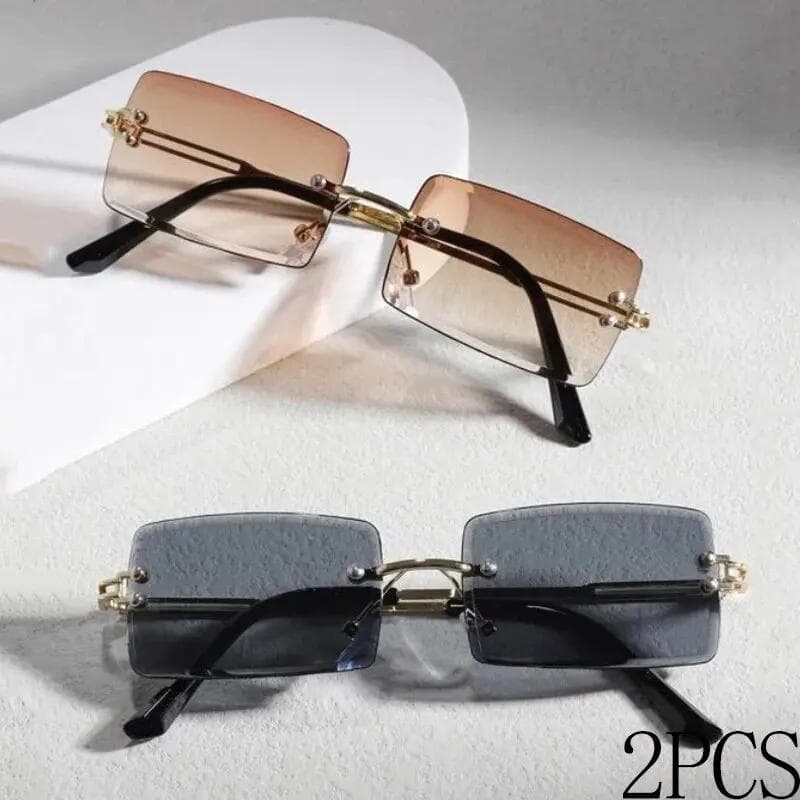 Two-piece PC Square Rimless Sunglasses Fashion Metal Retro Glasses for Men Women
