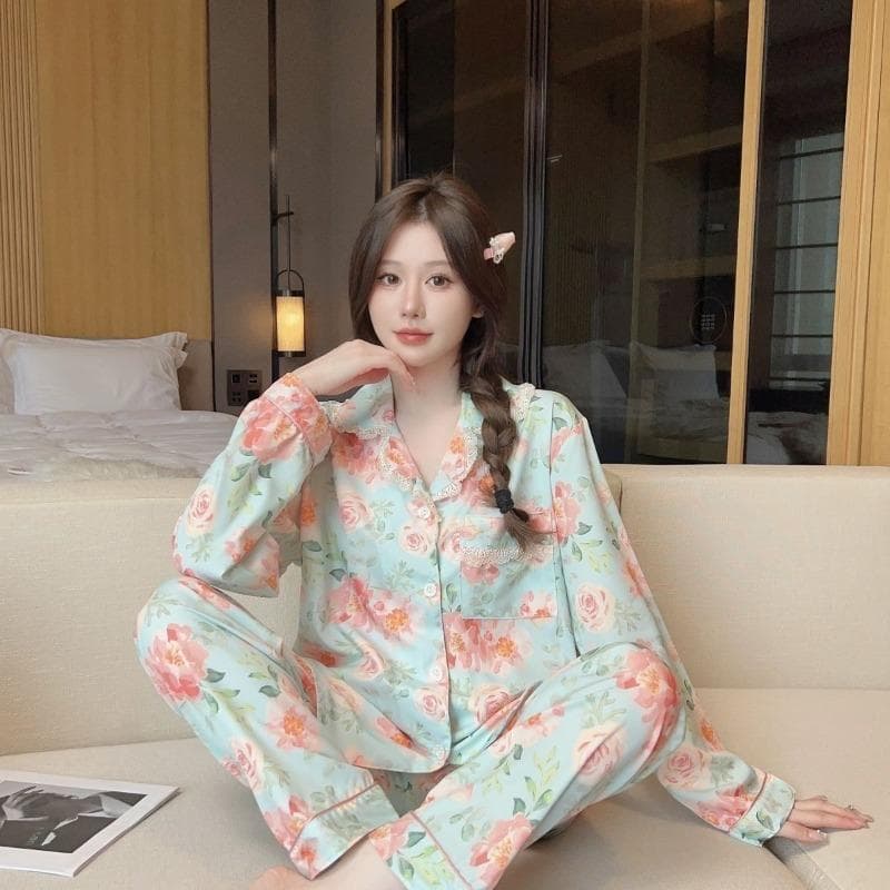 2024 Women New Spring Autumn Pajama Sets Girls Ice Silk Thin Long Sleeve Trousers Sleep Clothes Leisure Loose Home Service Suit 2XL