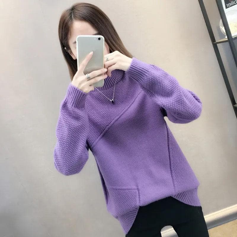 Women Knitted Sweater Turtleneck Pullovers Thin Ladies Winter Loose Sweater Korean Jumper Tops Long Sleeve Soft Sweater S purple