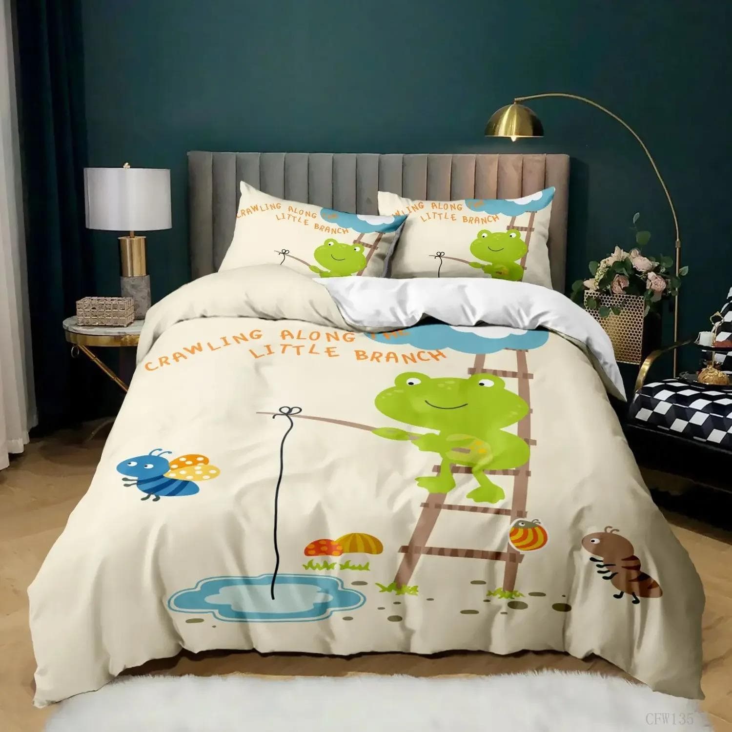 Cartoon Frog Duvet Cover Set Light Green Cartoon Frogs Cute Dragonfly Animal Bedding Set for Kid Twin Size Polyester Quilt Cover 70x133cm 2pcs