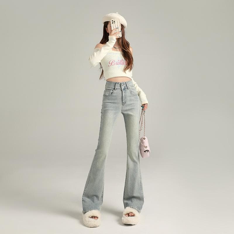 Fleece Slightly Pulled Jeans, Thickened Fleece Double-buckle Elastic High-waisted Belly and Thin Denim Flared Pants 2XL