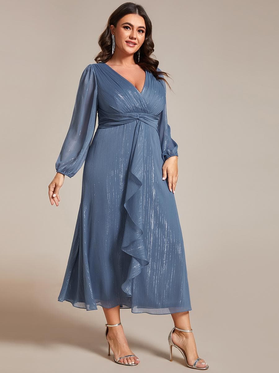 Ever-Pretty Women's Plus Size Shiny Chiffon Long Sleeve Wedding Guest Dress Twist Knot A-Line Evening Dresses 9XL air force blue