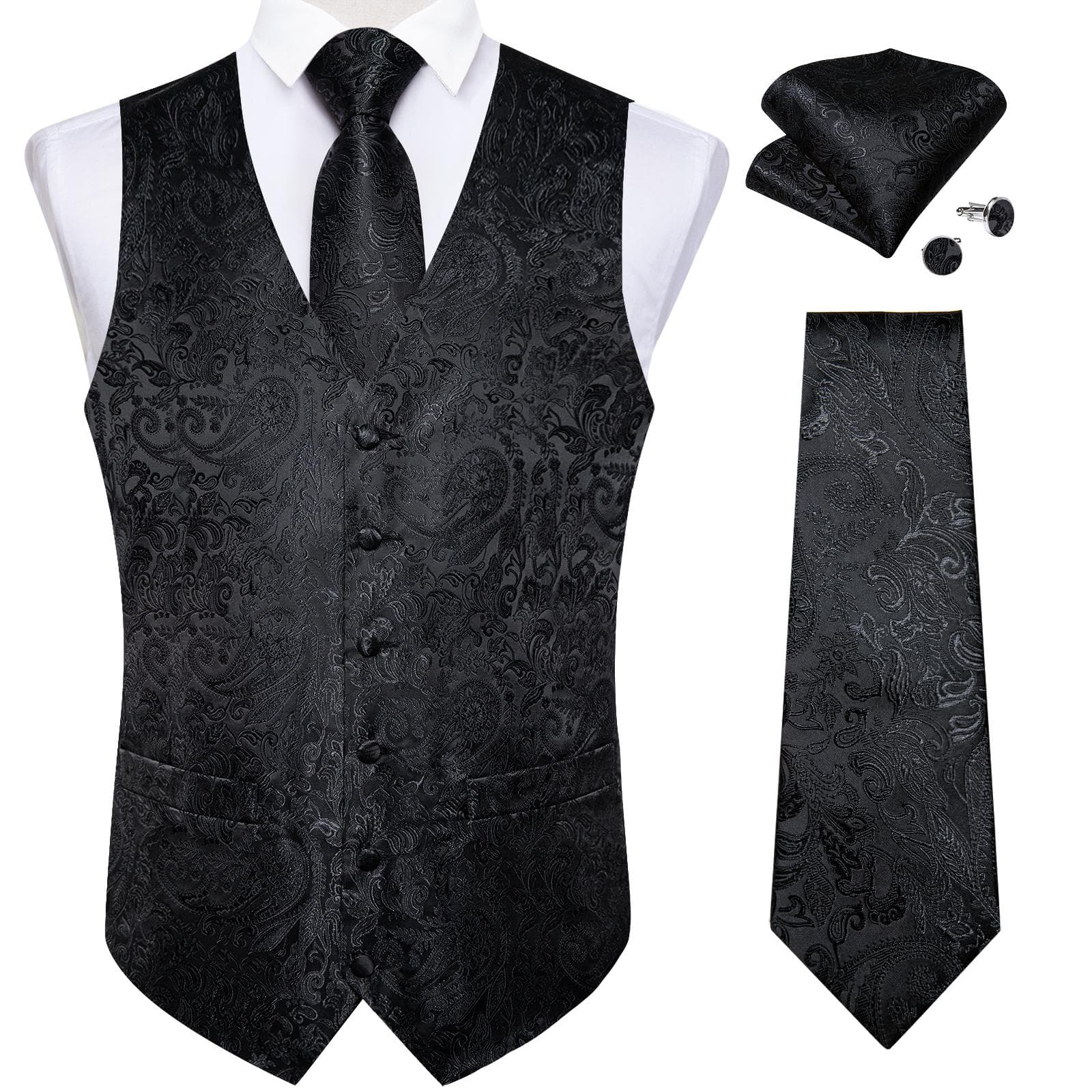 Dibangu Mens Yellow Paisley Vest Suit Waistcoat Hanky Cufflinks Tie Set Wedding M