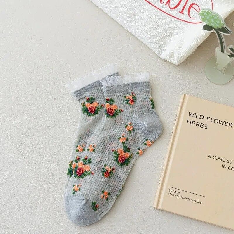 Japan Style Lace Ruffle Socks Flower Embroidery Harajuku Retro Women Short Socks Summer Ultra-thin Transparent Crystal Silk Sock One Size gray