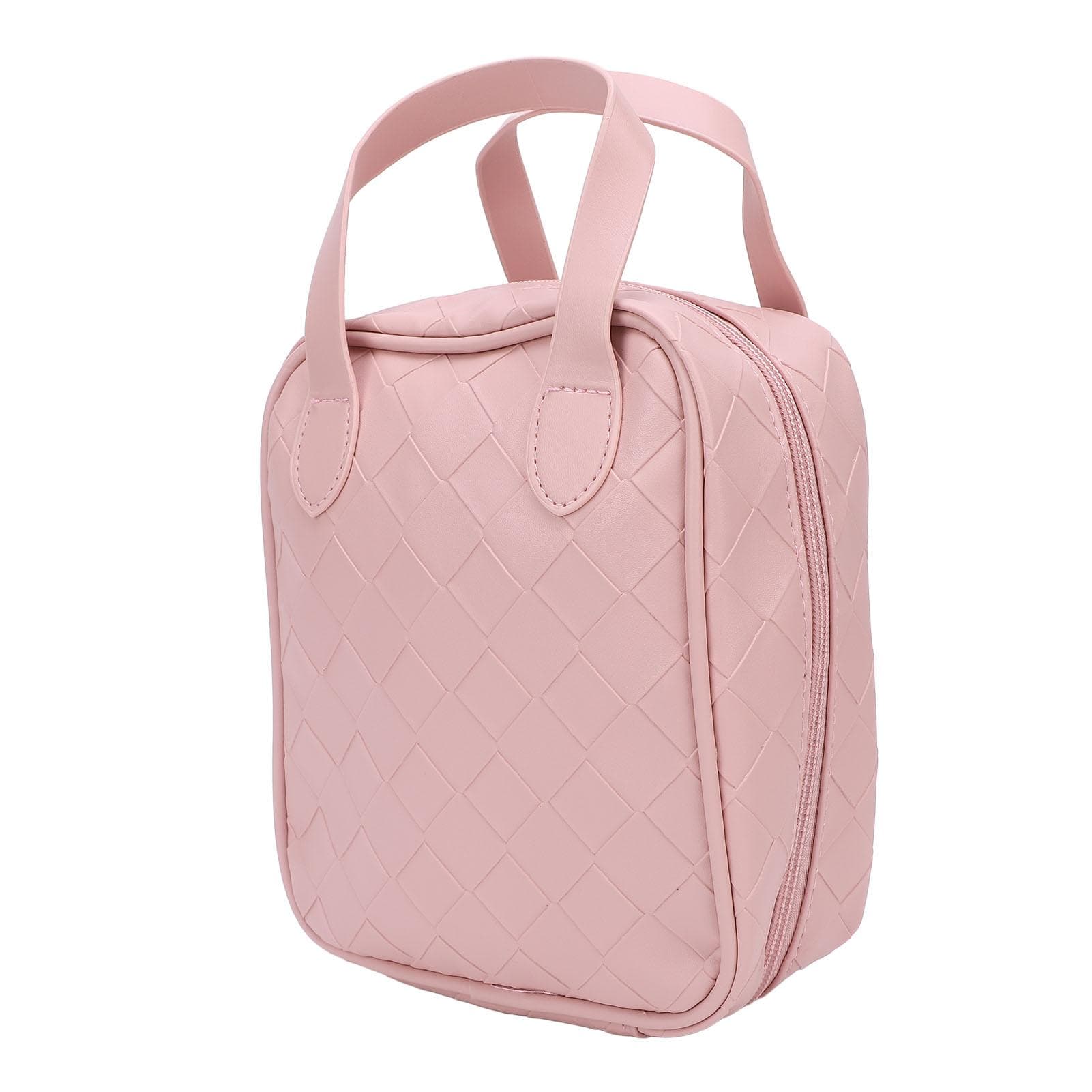 Travel Makeup Bag PU Leather Water Resistant Divider Woven Portable Handle Travel Toiletry Bag Pink