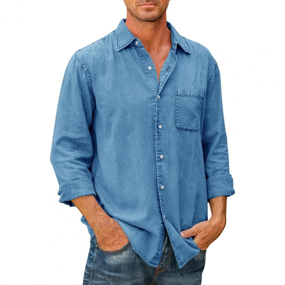 Men Vintage Shirt Long Sleeve Lapel Blouse Breathable Loose Fit Single-breasted Shirt Comfortable Casual Solid Color Tops XXL blue