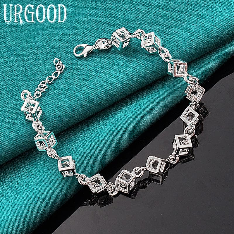 925 Sterling Silver Square AAA Zircon Bracelet Party Wedding Gift Charm Jewelry 20cm