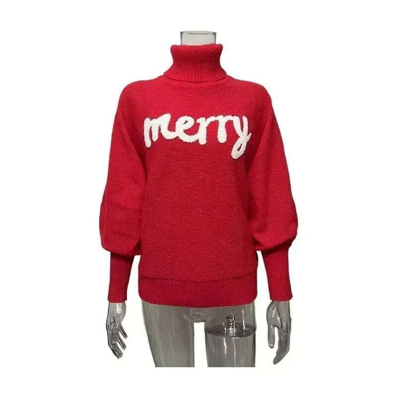 Knitted Women Turtleneck Sweater Loose Pullover Female Jumper Elegant Winter Warm Autumn New Year Trendy Christmas Sweater XL red