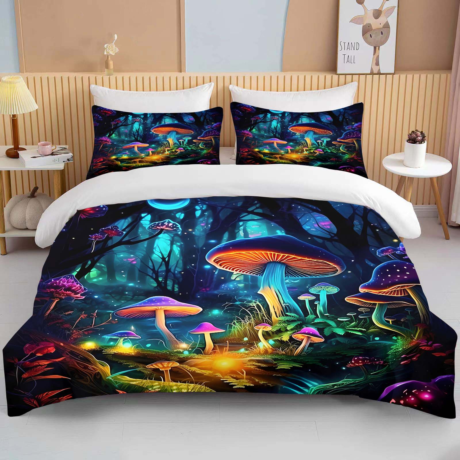 Super Vibrant Neon Psychedelic Mushrooms Print Bedding Set 3PC 1 Duvet Cover 2 Pillowcases Adult and Children Bedding Set Luxury EU single(135x200cm)
