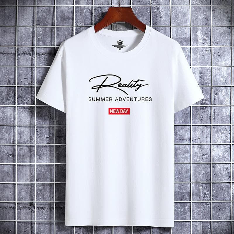 QICED Cotton Short Sleeve T-shirt Men's Fashion Loose Half Sleeve Shirt Printed Compassionate Shirt L white