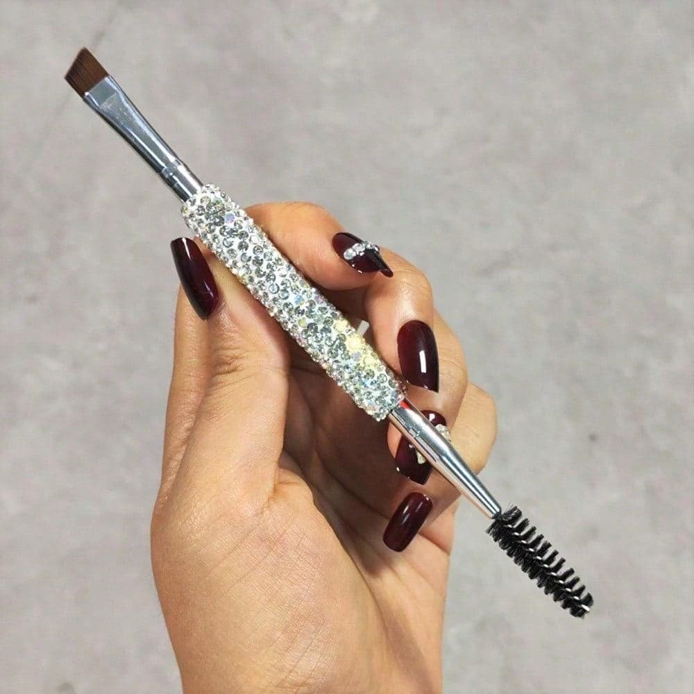 1pc Luxury Makeup Brush - Dual-Ended, Sparkling Rhinestone Handle, Nylon Bristles For Eyebrows & Eyeliner, Portable Travel Makeup Brush silver