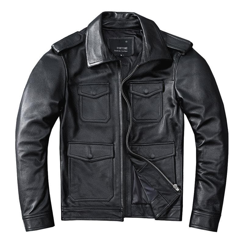 Pure Cowhide Leather Jacket for Men, Motorcycle Short Lapel Multi-pocket Leather Jacket, Trendy Jacket 5XL black