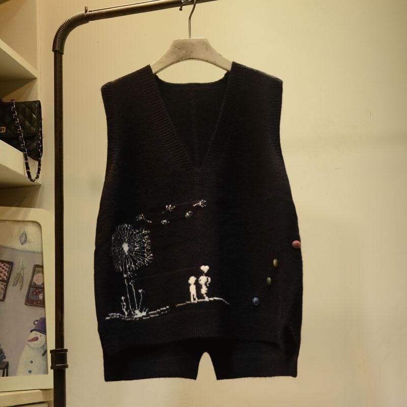 Embroidered V-neck Knitted Sweater Vest Femal Cartoon Pattern Frill Loose Sleeveless Bottoming Pullover Sweater Vest Women 2021 One Size black