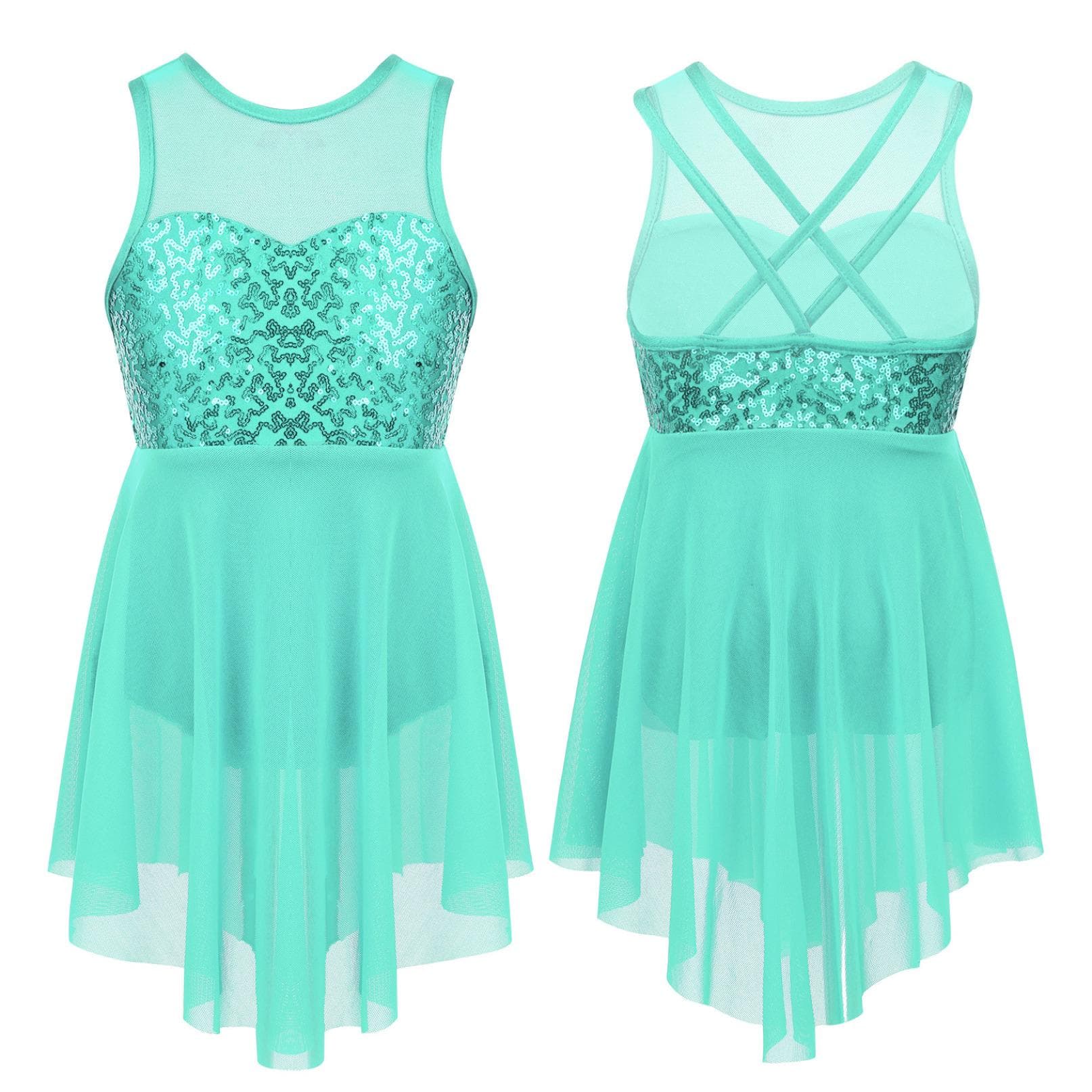 Kids Girls Modern Lyrical Dance Costumes Sleeveless Sequins Criss-Cross Back Ballet Irregular Leotard Dress 11-12 Years mint green