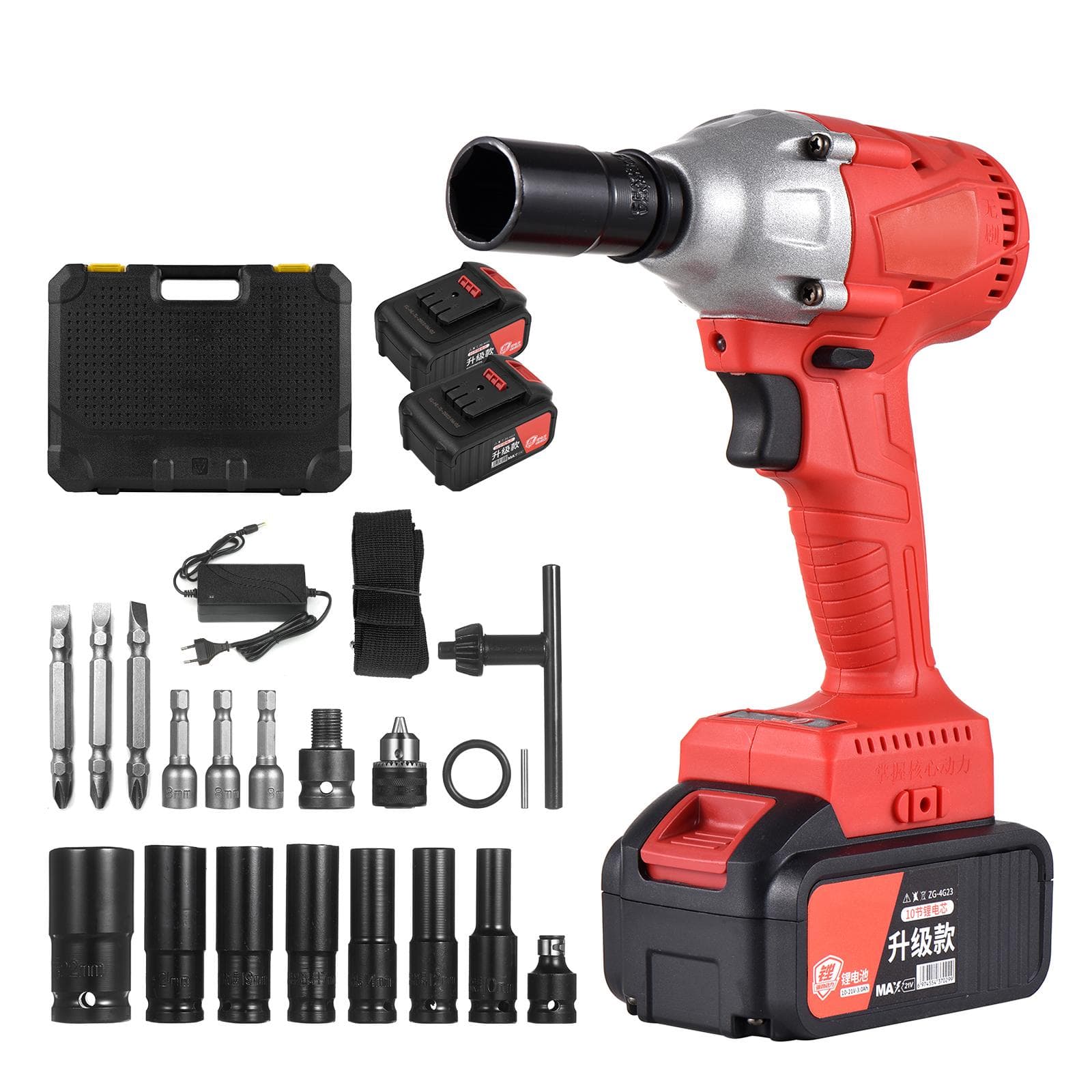 21V Cordless Brushless Impact Wrench with 1/2in Chuck 320N.m Torque 1980W Handheld Power Wrench Kit EU Plug 1 Battery with Accessories