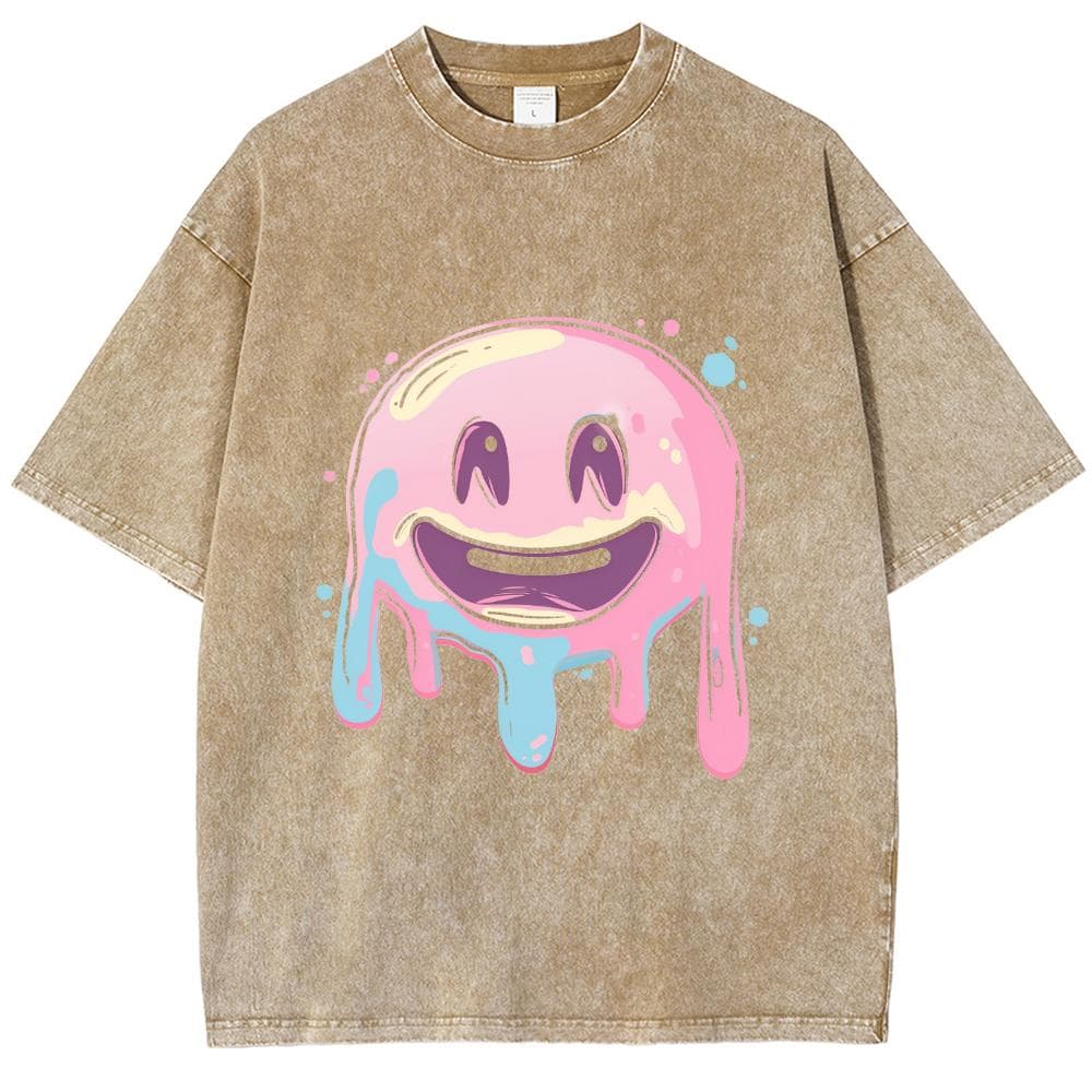 Graffiti Hand-Painted Stamped Print Women T-Shirt Washed Oversized Couple Short Sleeve Unisex Cute Sweetheart Top L