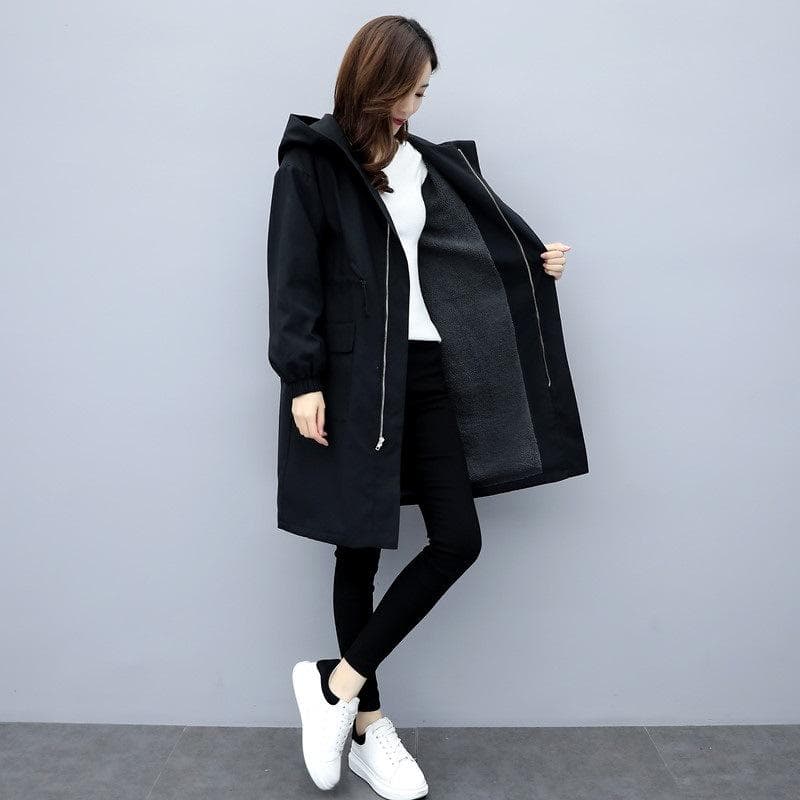 Women's Mid-length Autumn and Winter Loose Thickened Windbreaker Hooded Large-size Black Cotton Jacket M