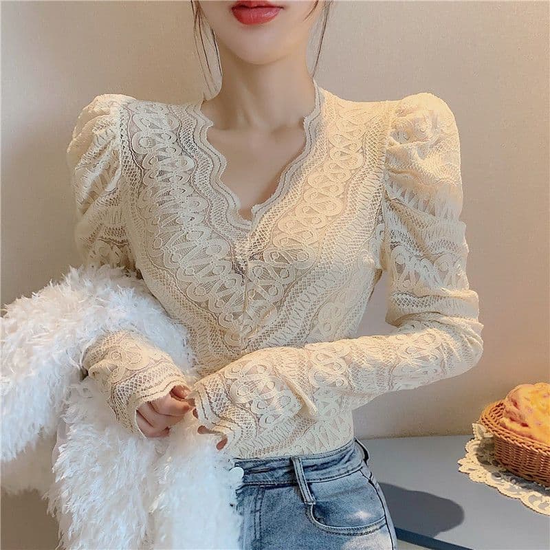 Velvet Winter Bubble Sleeves Long Sleeved V-neck Shirt Top with Lace Lining for Women 2XL