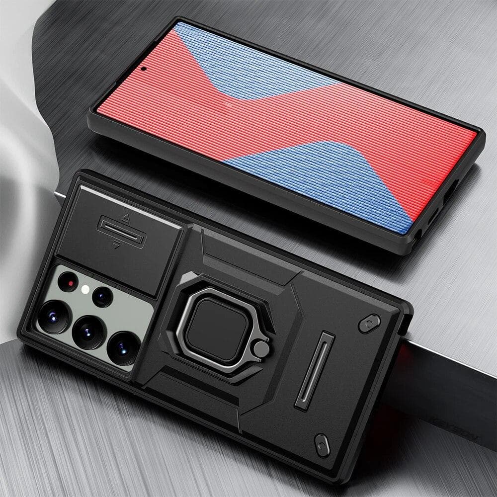 KEYSION Shockproof Case for Samsung S24 Ultra 5G S24+ Plus Slide Camera Protection Ring Stand Phone Cover for Galaxy S23 Ultra for Galaxy S24 black