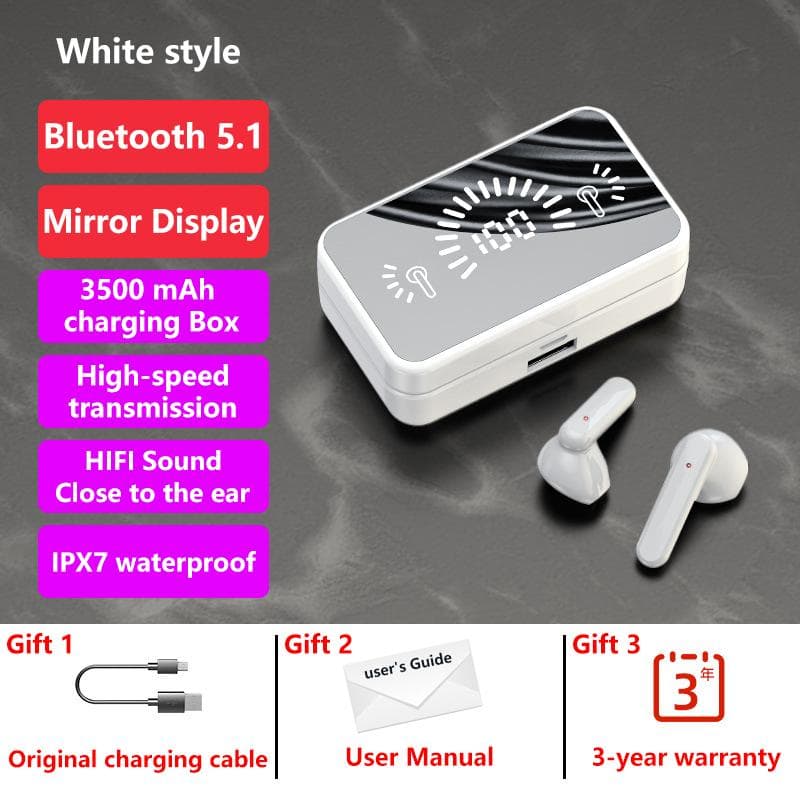 New TWS Bluetooth 5.1 Earphones 3500mAh Charging Box Wireless Headphone 9D Stereo Sports Waterproof Earbuds Headsets HIFI Stereo IPX7 white
