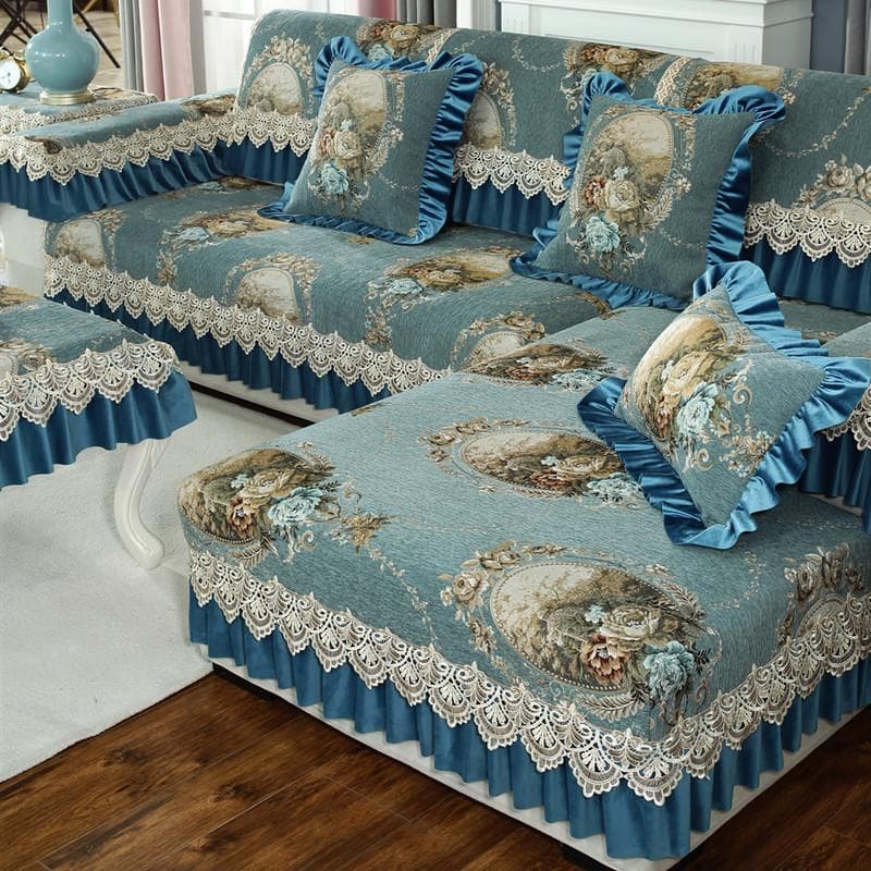 European Embroidery Lace Sofa Cover Non-slip Chenille Fabric Sofa Cushion Four Seasons Universal Pillowcase Cover Armrest Towel Seat cover- 90x90cm