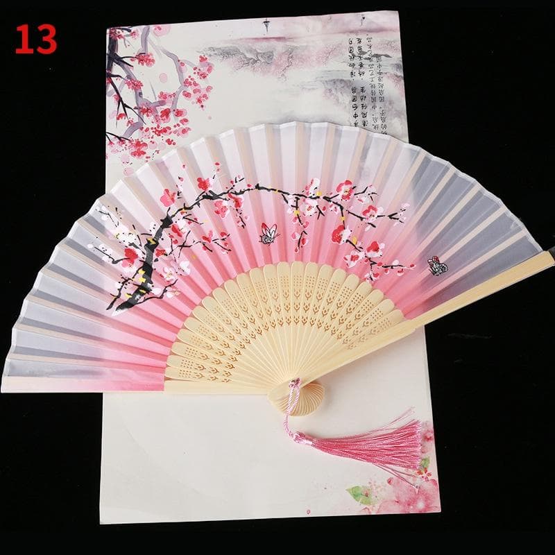 1Pc Vintage Silk Folding Fan Retro Chinese Japanese Bamboo Folding Fan Tassel Dance Hand Fan Home Decoration Ornament Craft Gift 13