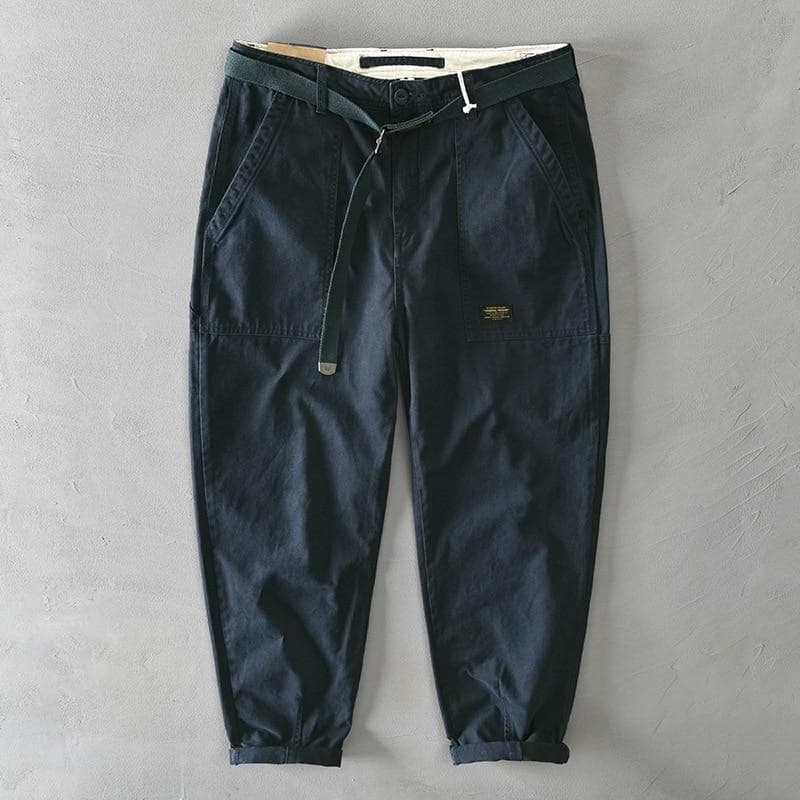 Autumn Winter Pure Cotton Men Cargo Pants Korean Style Male Casual Loose Belt Mid Waist Slim Fit Pencil Trouser 33 blue