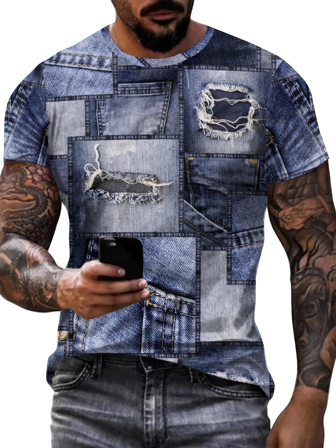 Men's T Shirt 3D Digital Patchwork Graphic Print Short Sleeve T-Shirts Comfy Casual Elastic Crew Neck Men Outdoor Activities Top 6XL