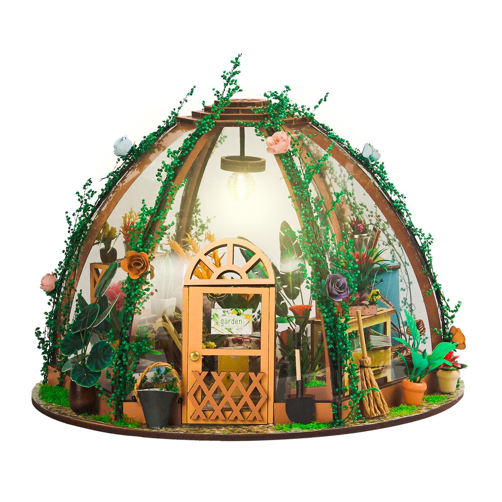 DIY Miniature Dollhouse Kit Wooden Mini Starry Flower Green House with LED Light for Kids multicolour