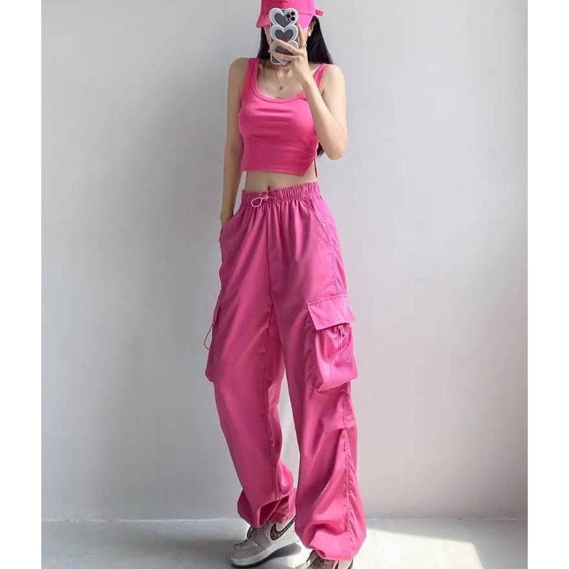 Drawstring Tooling Casual Pants Children's High Waist Loose Versatile Straight Wide Leg Tie Feet Long Pants 5XL rose red