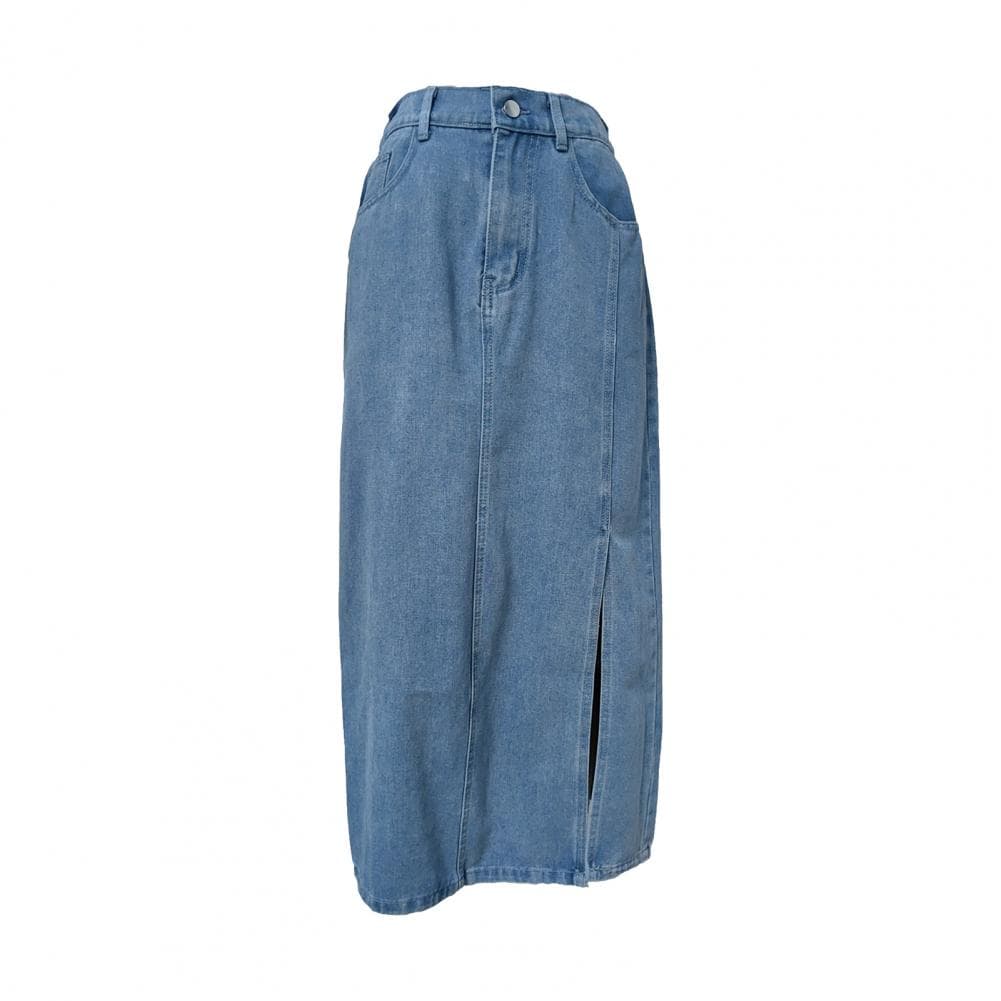 Summer Midi Skirt Button Zipper Fly Side Slit Design Denim Skirt with Pockets Retro Summer Denim Casual Skirt Daily Wear S blue