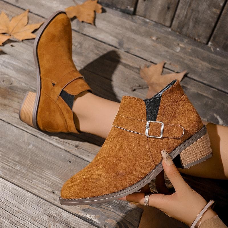 Faux Suede Med Heels Ankle Boots Women Autumn Winter Bromn Square Heel Chelsea Boots Woman Slip-on Platform Short 43 brown