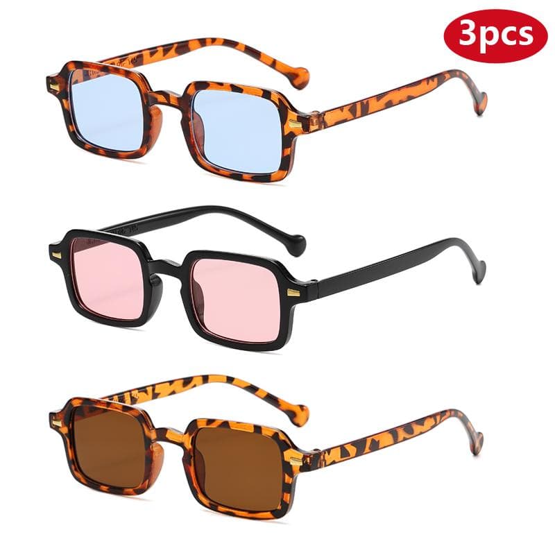 3set Fashion Small Square Sunglasses UV400 Protective Glasses Vintage Colorful Shades for Women Men Leopard Blue Rivets