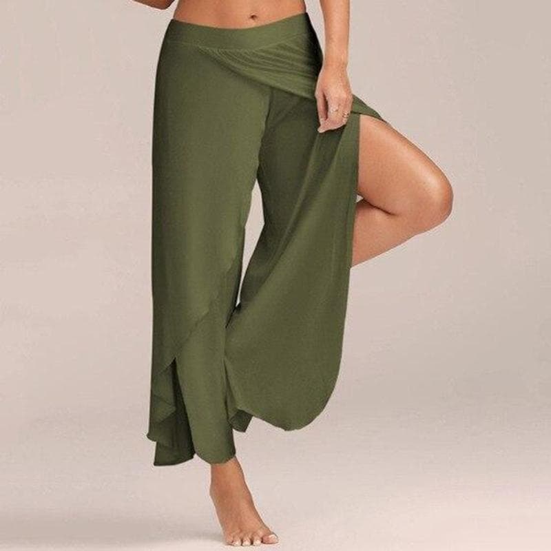 Casual Wide Leg Pants Female Loose Fitness Dance Split Summer Yoga Trousers Women Elastic Waist Workout Solid Clothing 21923 L army green