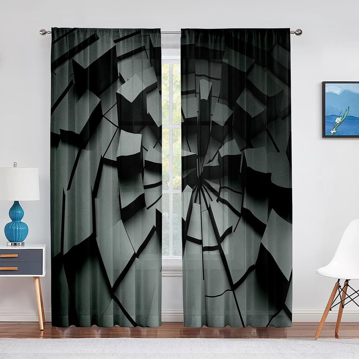 Blue Geometric Square Sheer Voile Curtain for Kitchen Living Room Bedroom Decor Modern Abstract Tulle Curtains Window Treatment 1 PCS W100XH250cm&Grommet Top